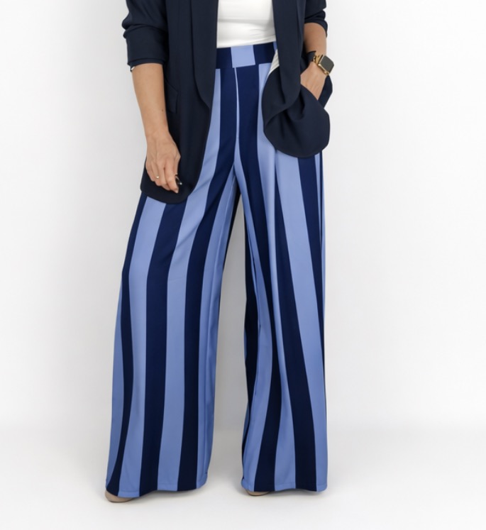 Pantalón palazo rayas azul marino/celeste