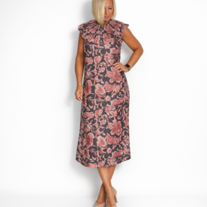 Vestido flores cuello fruncido gris