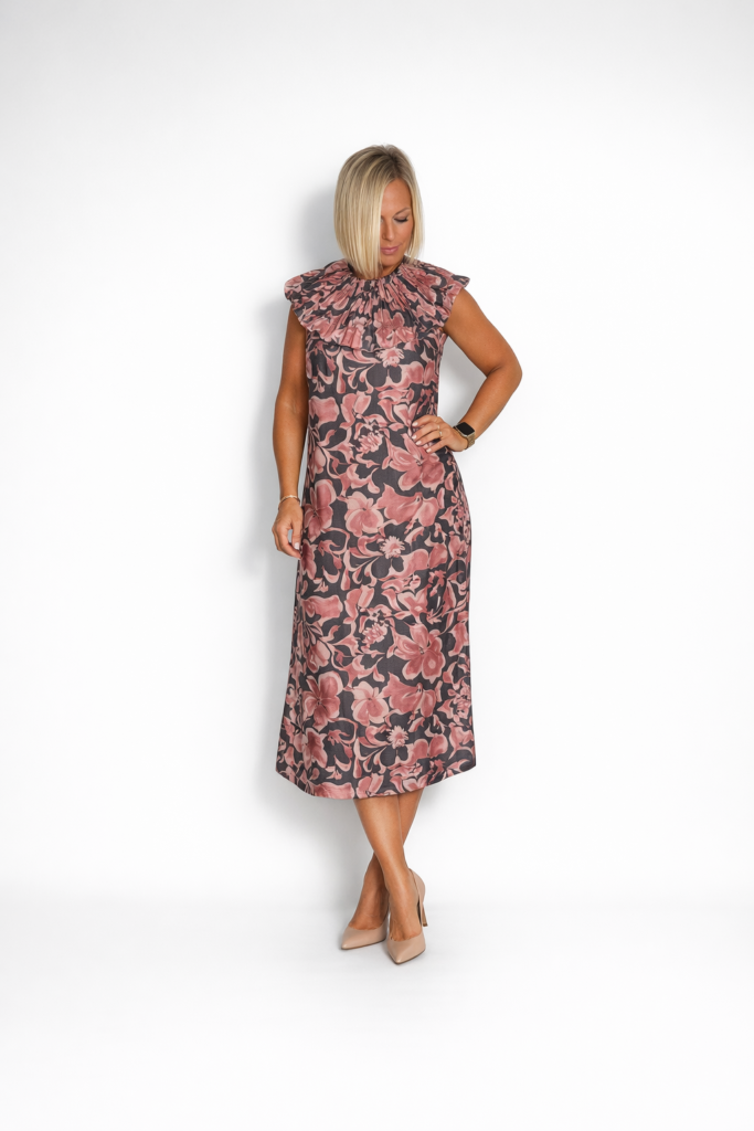 Vestido flores cuello fruncido gris