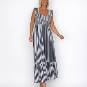 Vestido raya frunce pecho azul marino blanco