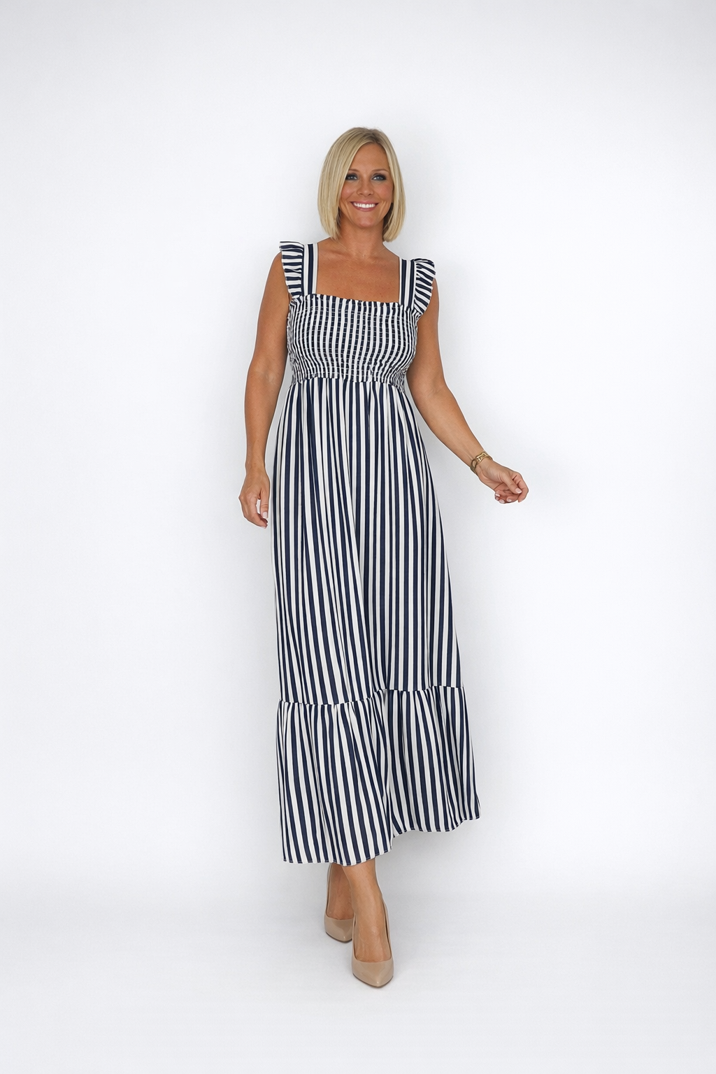 Vestido raya frunce pecho azul marino blanco