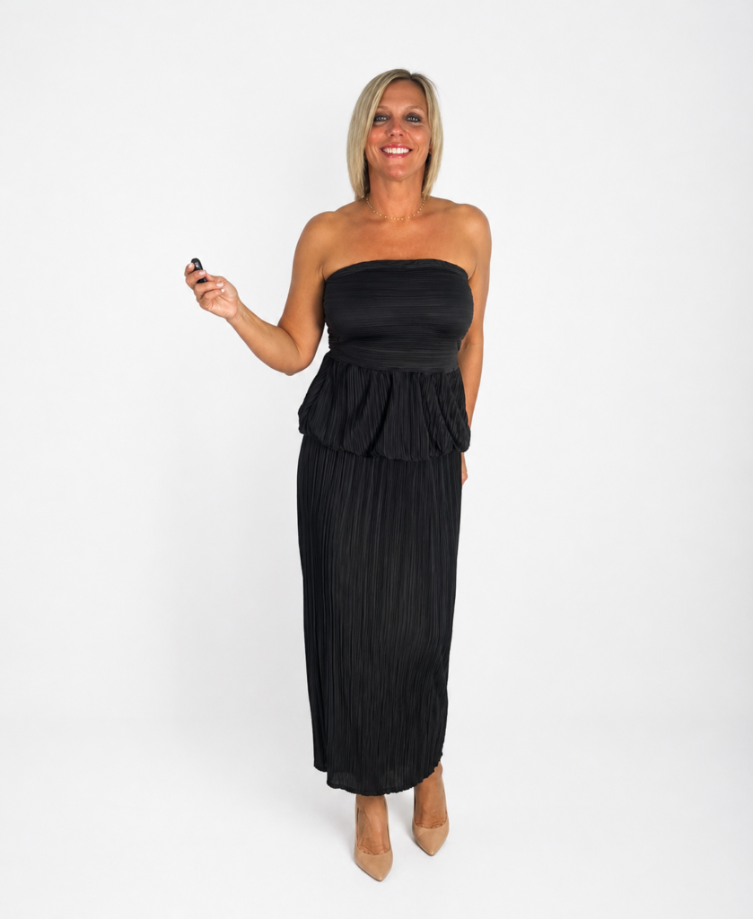 Conjunto top y falda negro drapeado