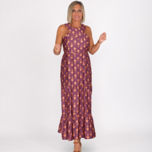 Vestido midi estampado vino y naranja
