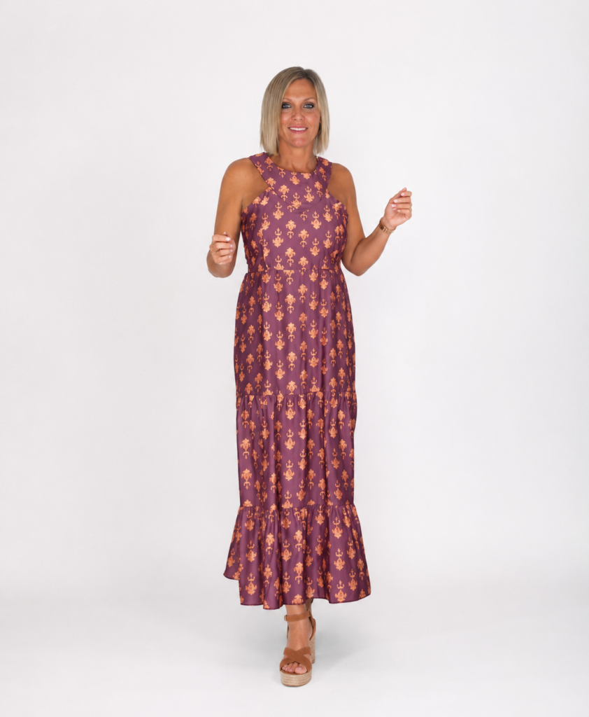 Vestido midi estampado vino y naranja