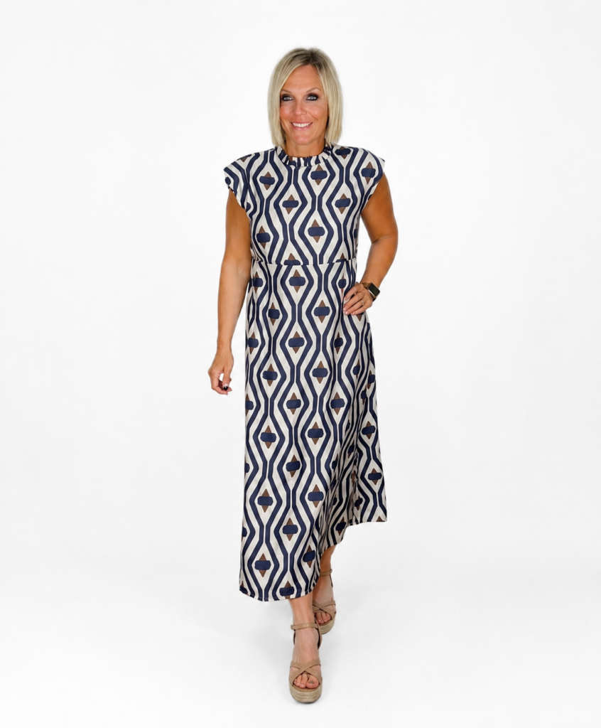 Vestido cuello caja estampado azul marino/camel rombos