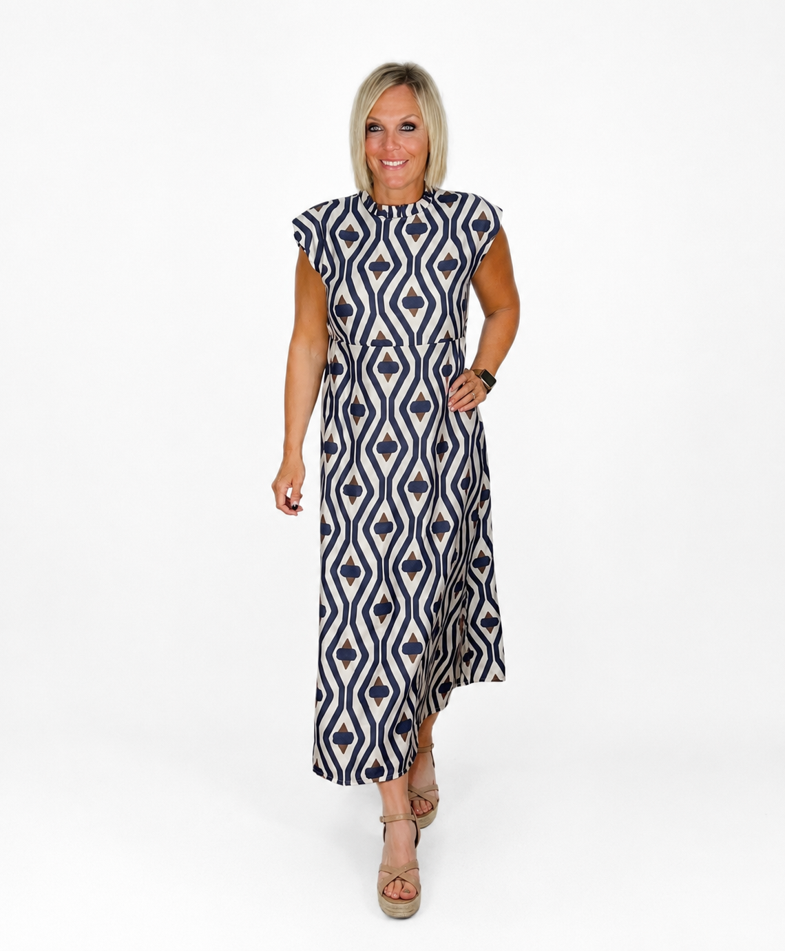 Vestido cuello caja estampado azul marino/camel rombos