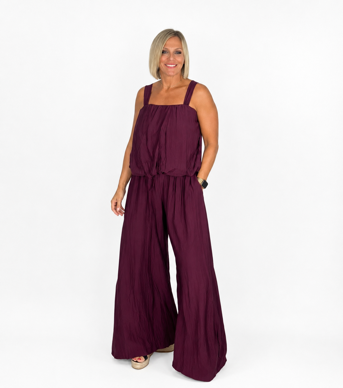 Conjunto top tirantas y pantalón berenjena