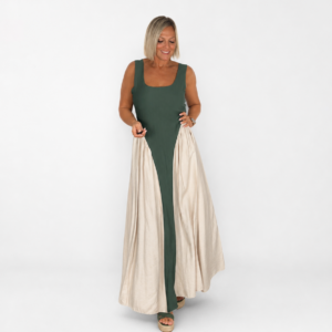 Vestido tirantas raya central beige y verde kaki