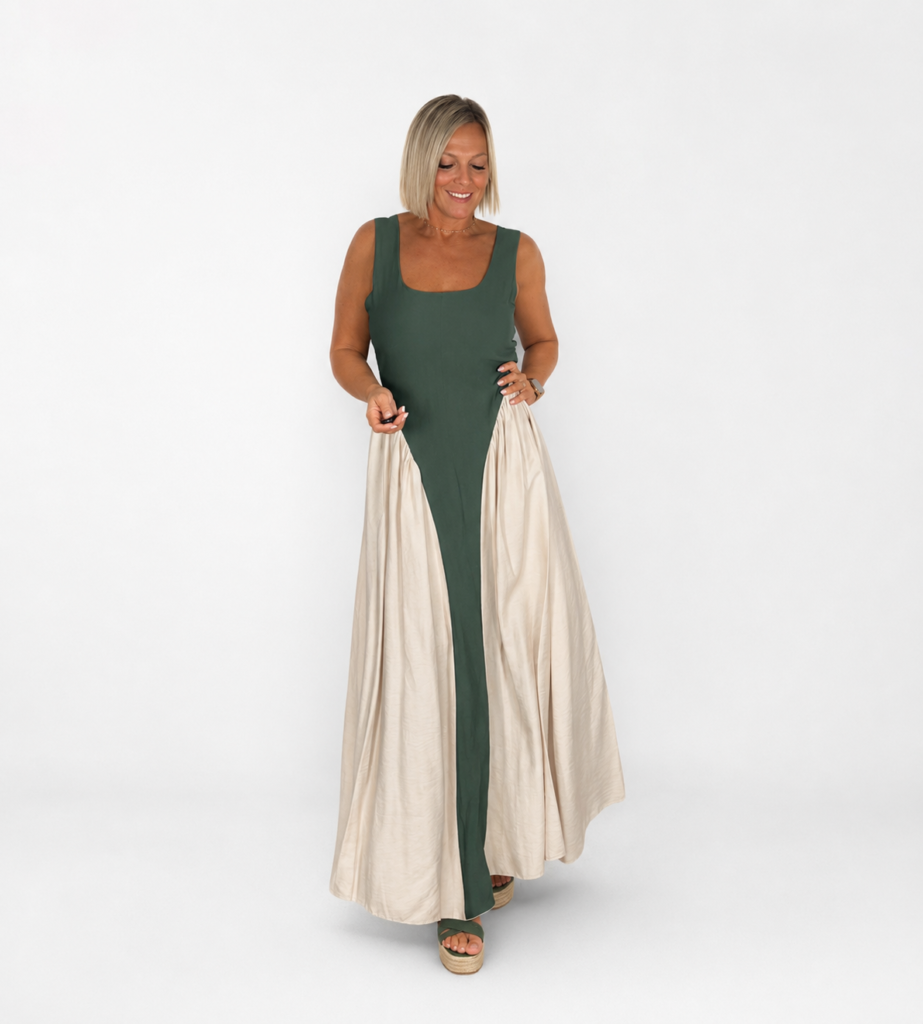 Vestido tirantas raya central beige y verde kaki