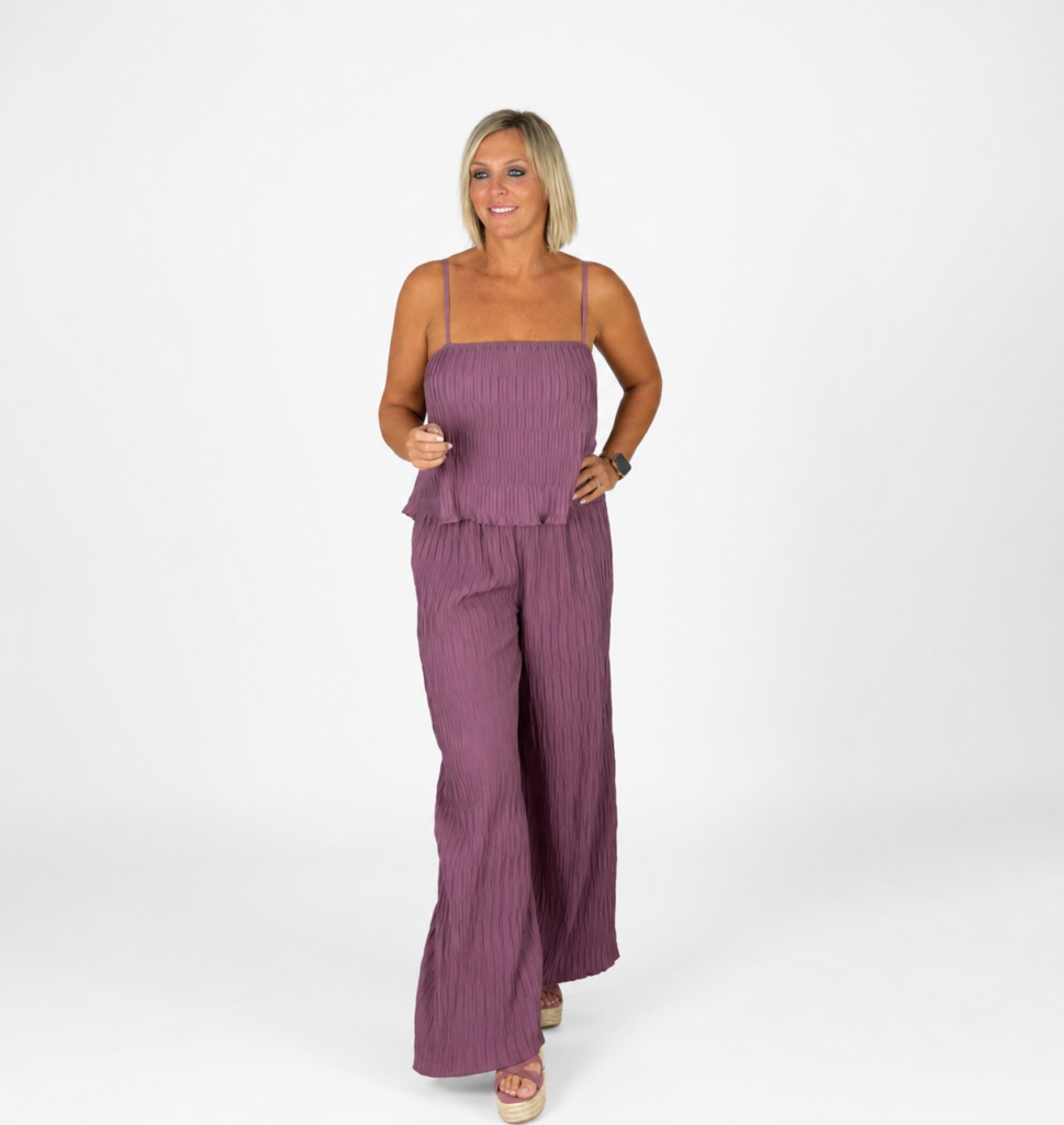 Conjunto top y pantalón pliegues malva