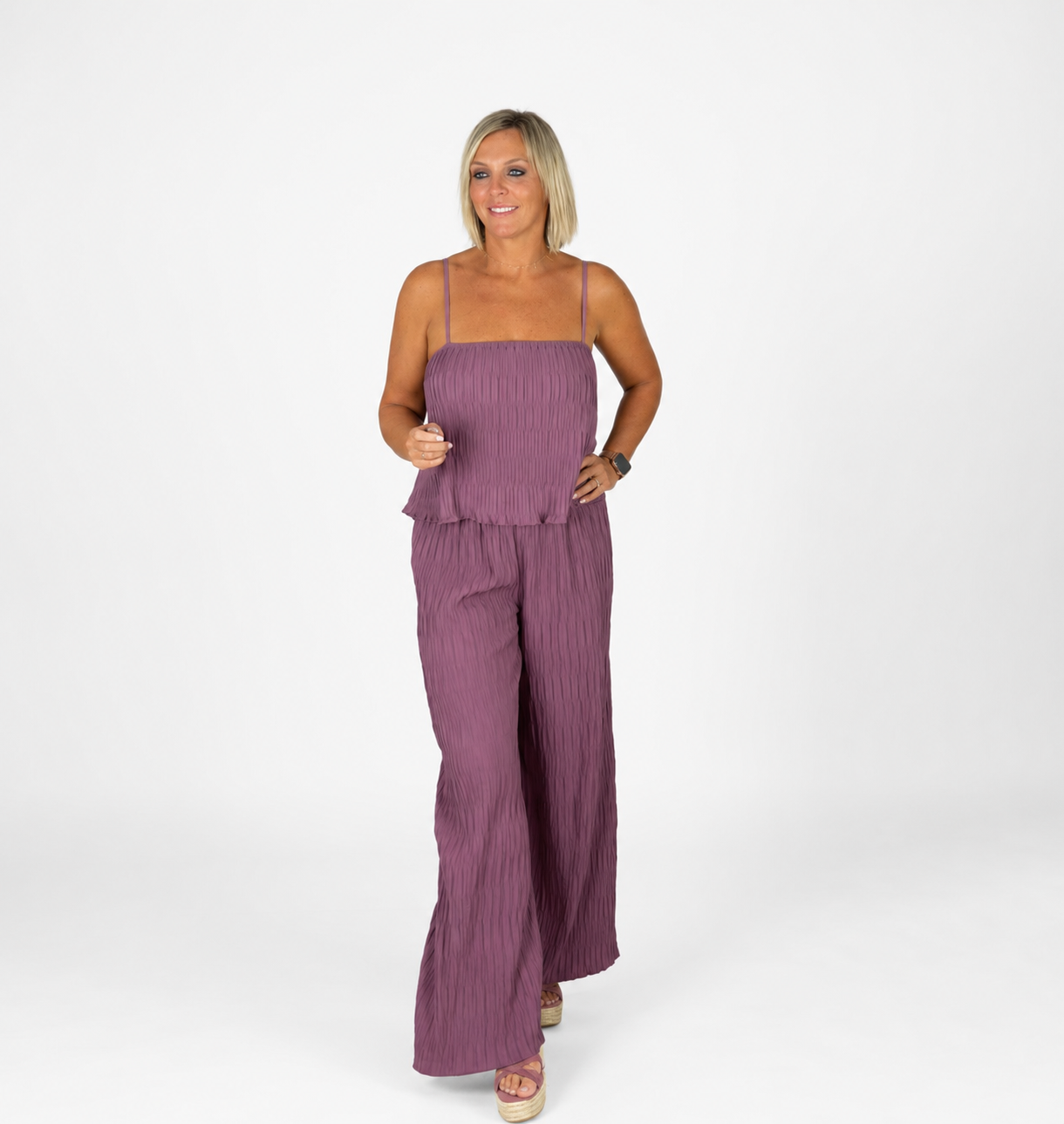Conjunto top y pantalón pliegues malva