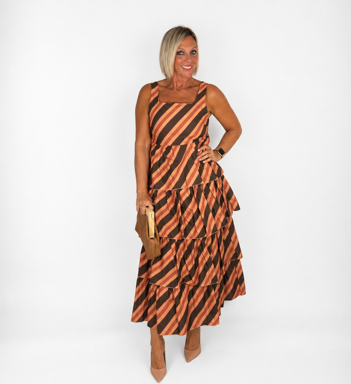 Vestido volantes rayas marrones