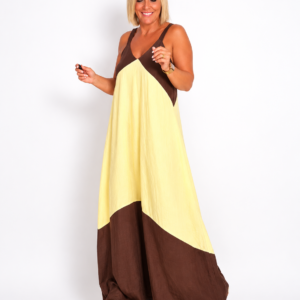 Vestido bicolor amarillo marrón