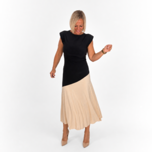 Vestido bicolor hombreras negro-beige