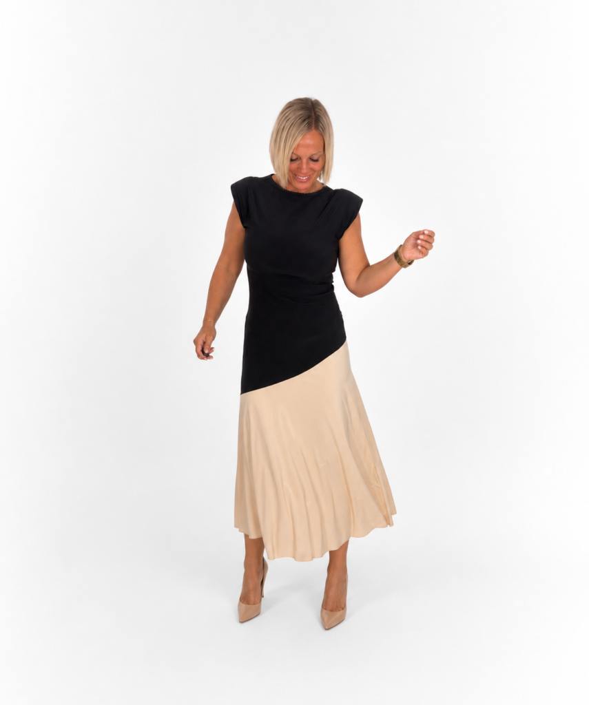 Vestido bicolor hombreras negro-beige