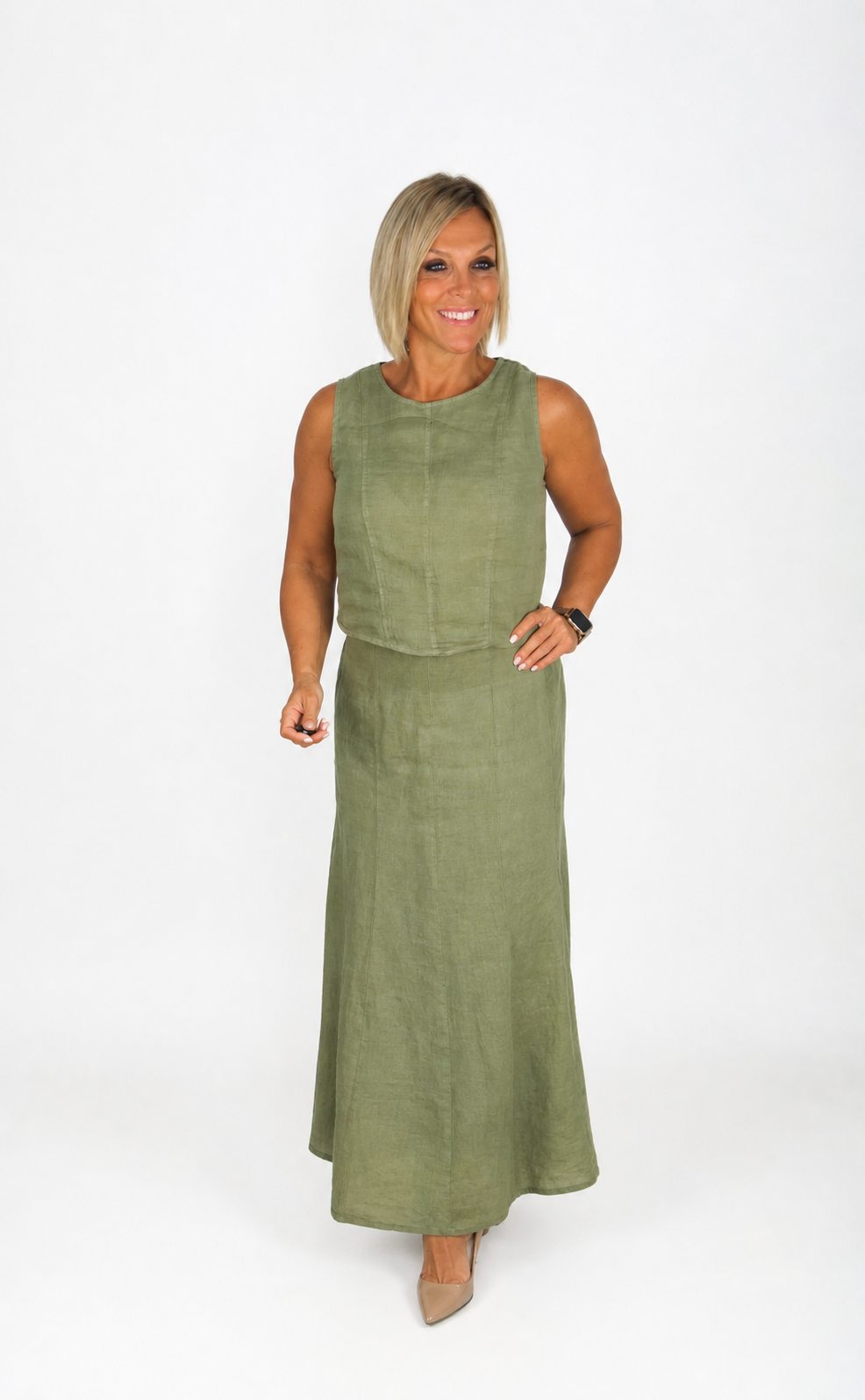 Conjunto lino top y falda verde kaki