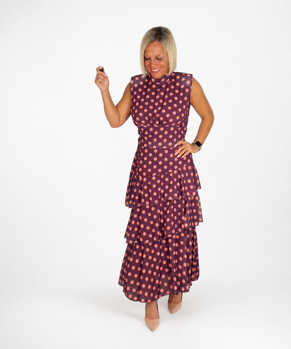 Vestido gasa volantes lunares morado-coral