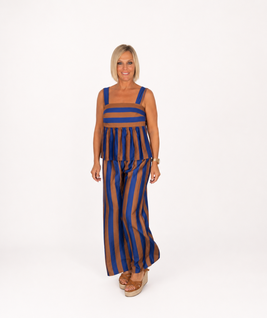 Conjunto top y pantalón rayas azul-marrón