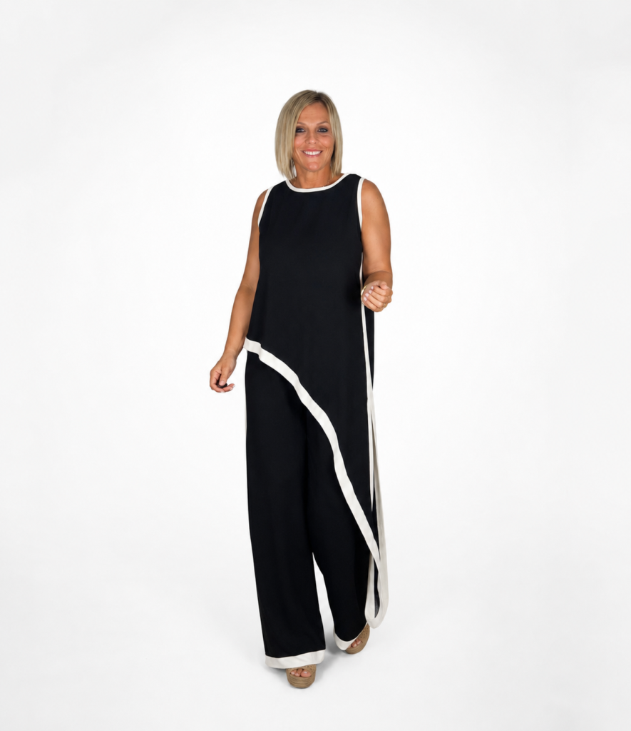 Conjunto top asimétrico y pantalón fluido negro-blanco