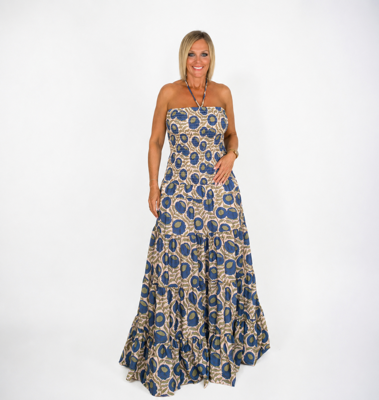 Vestido frunce palabra de honor estampado