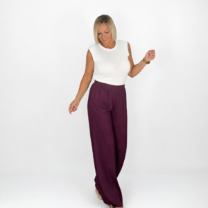 Pantalón lino cintura elástica burdeos
