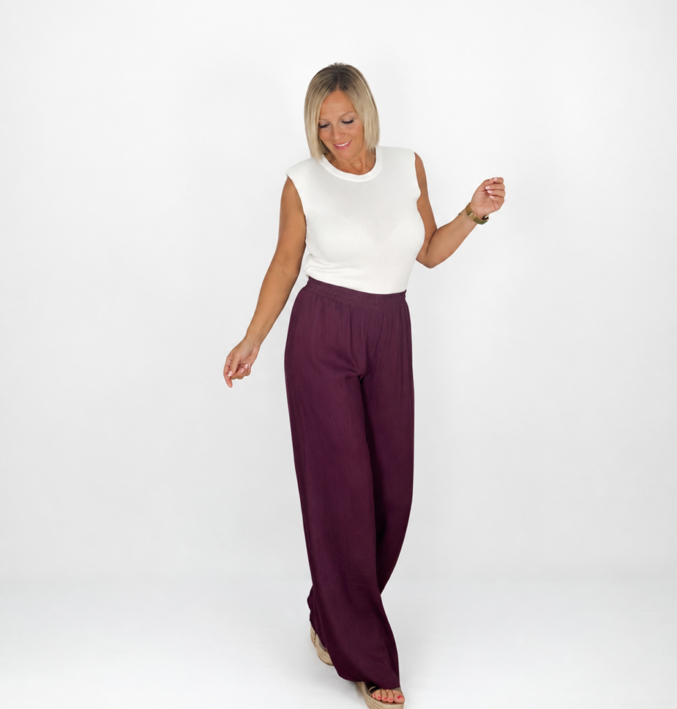 Pantalón lino cintura elástica burdeos