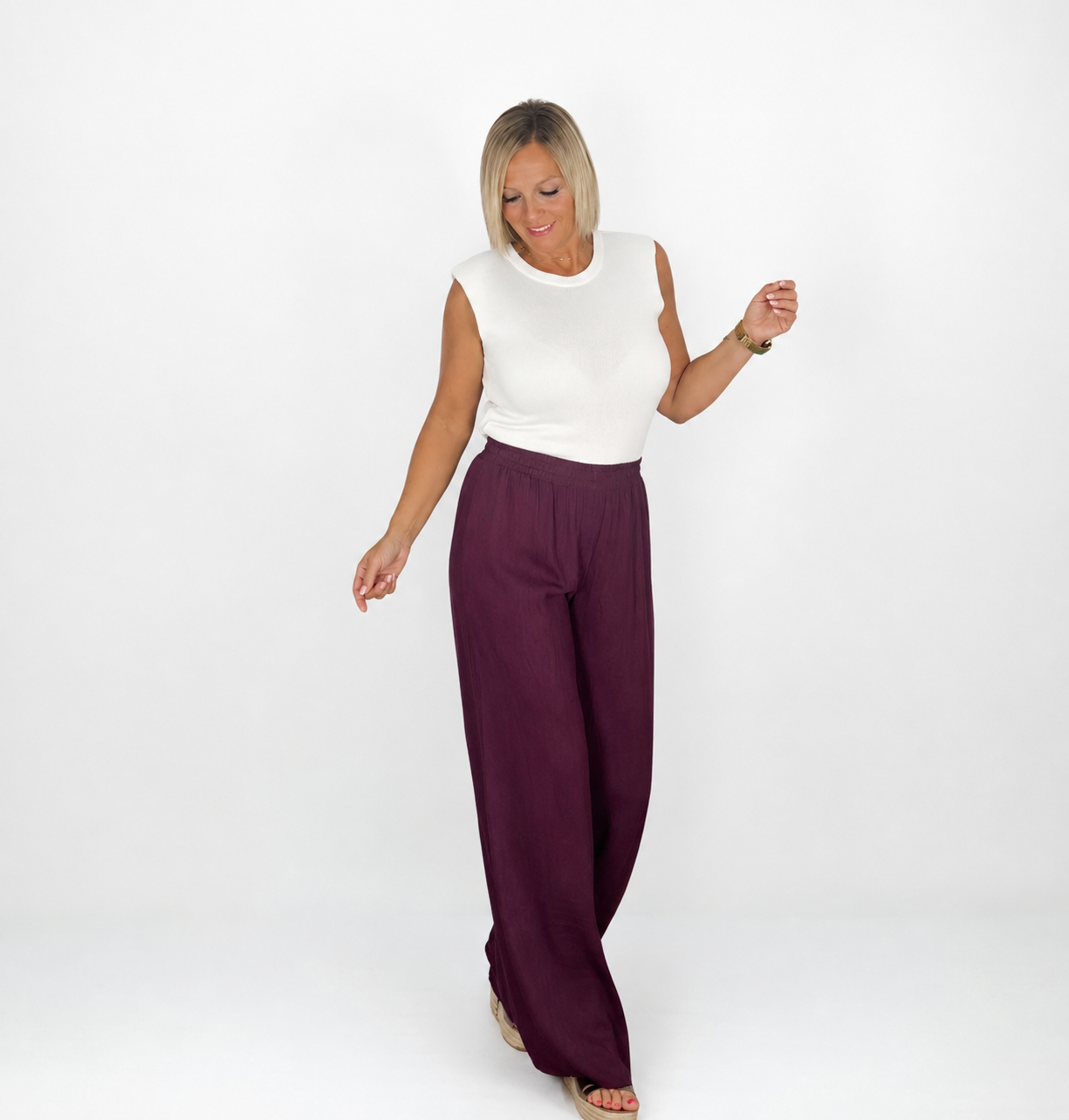 Pantalón lino cintura elástica burdeos
