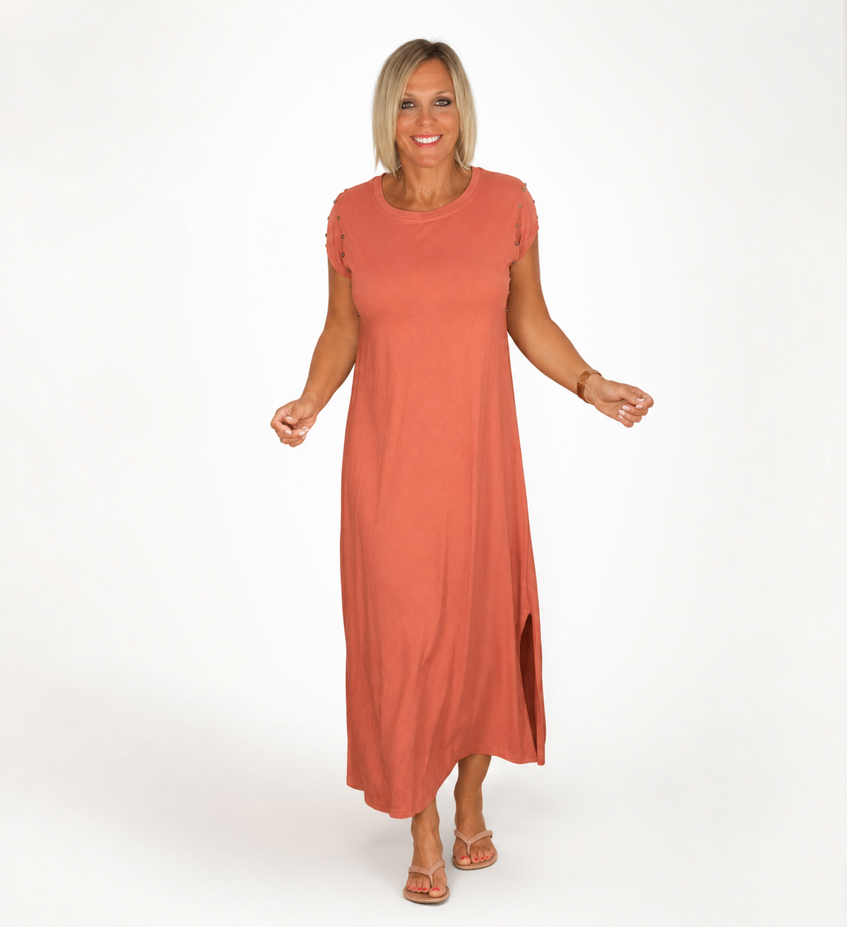 Vestido algodón coral tachuelas