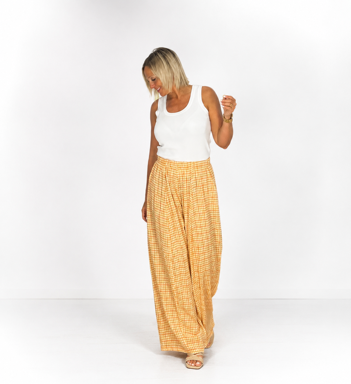 Pantalón fluido cuadros amarillos y naranjas