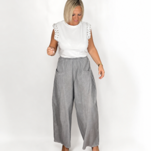 Pantalón ancho lino gris bolsillos