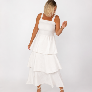 Vestido beige rayas y volantes
