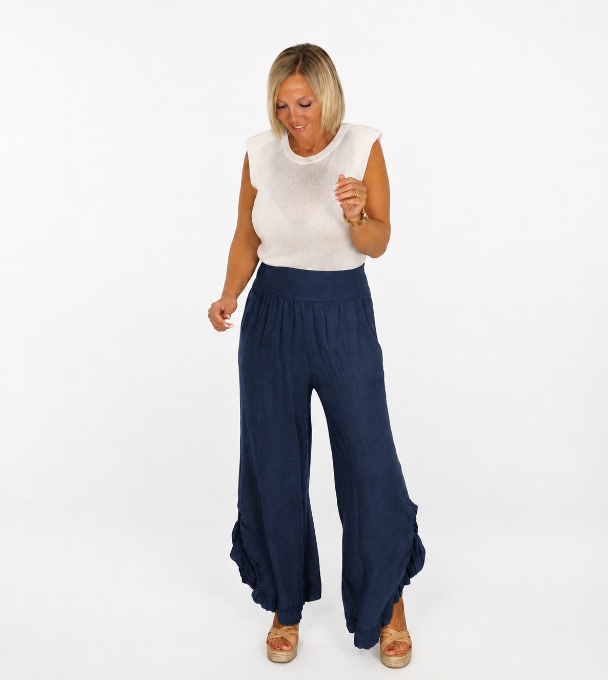 Pantalón palazzo azul marino frunce