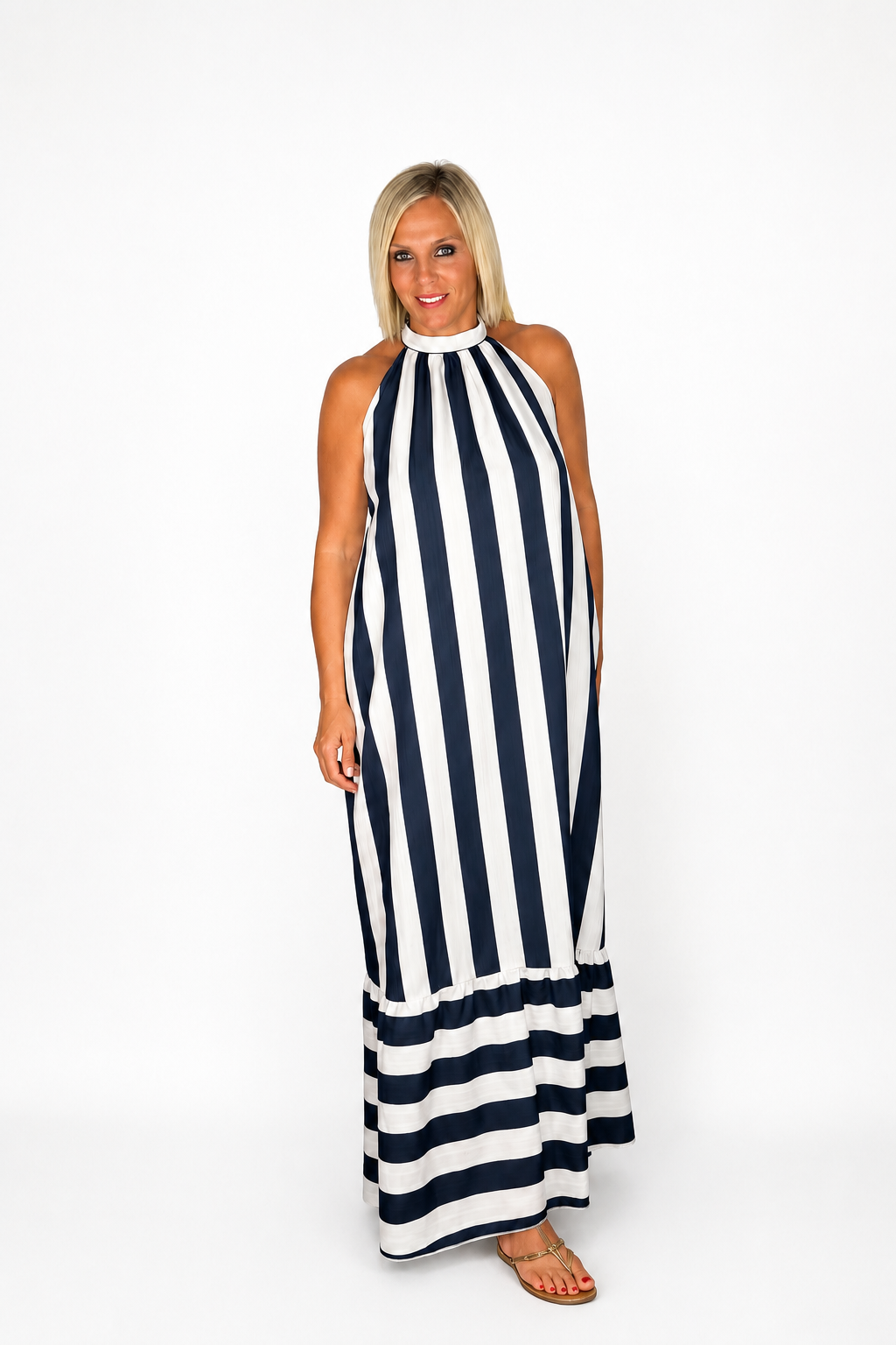 Vestido largo cuello rayas azul marino/blanco
