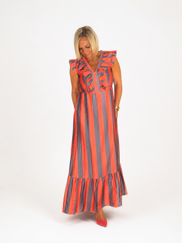 Vestido rayas volante gris coral