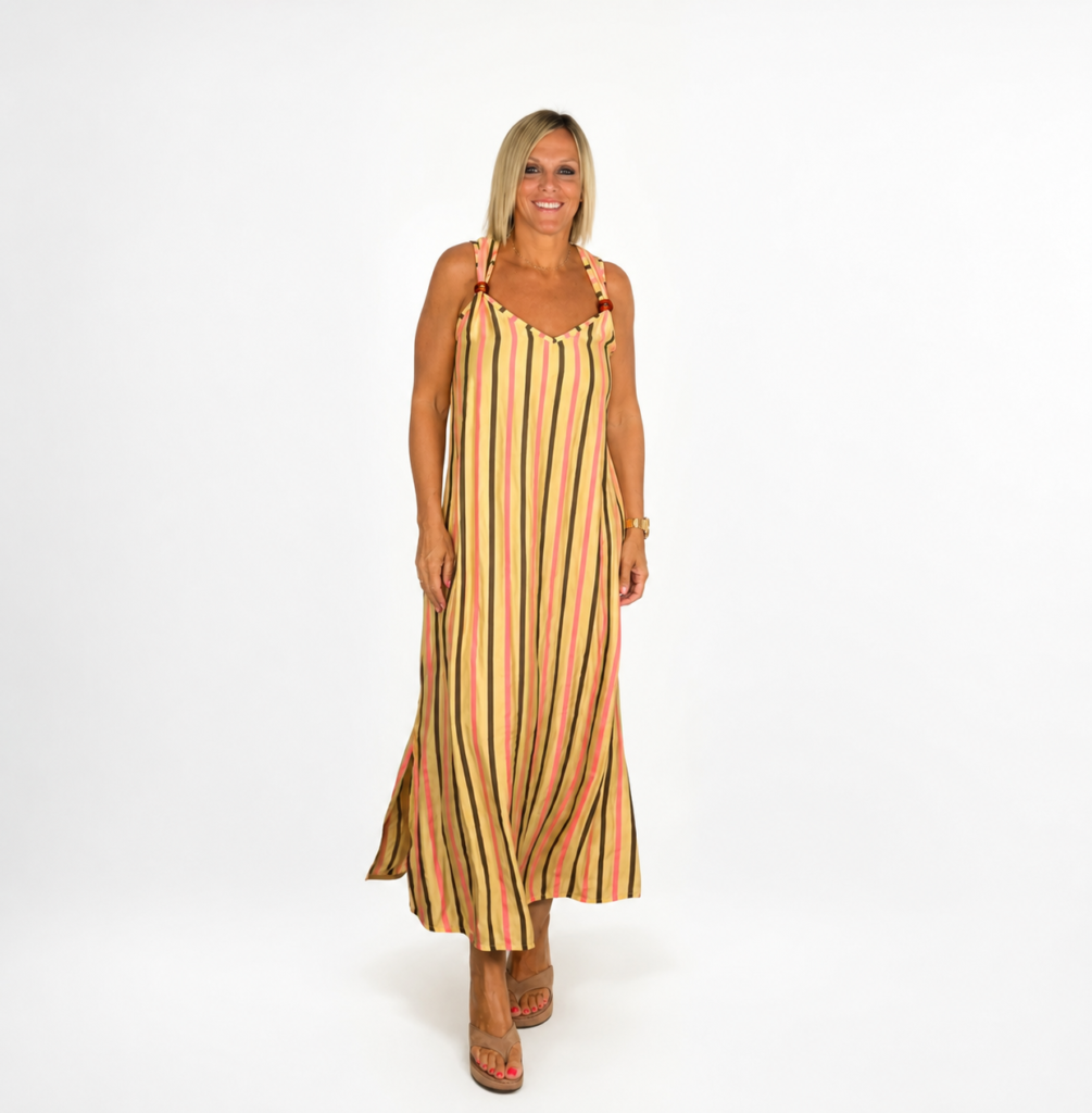 Vestido amarillo rayas rosa bolas