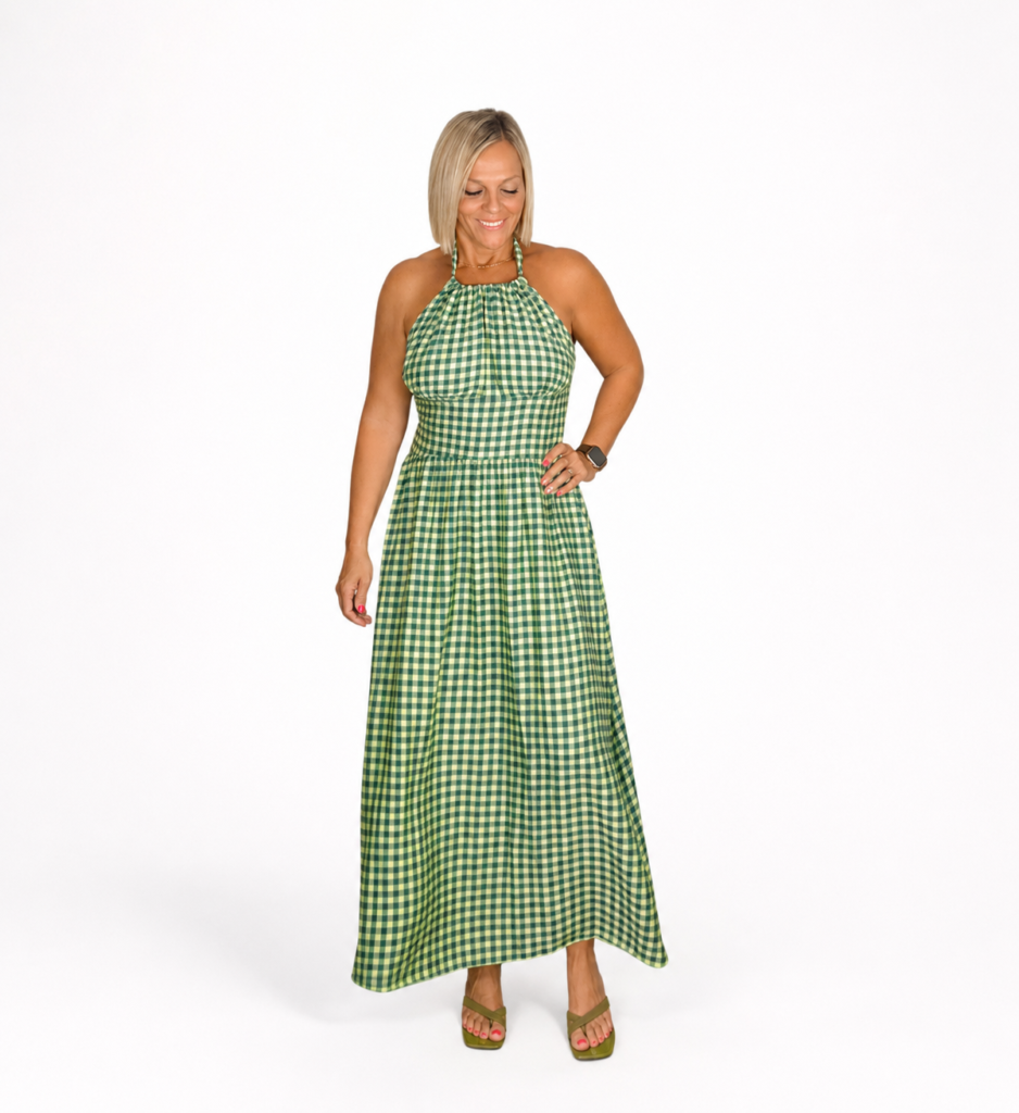 Vestido cuadro cuello verde limón