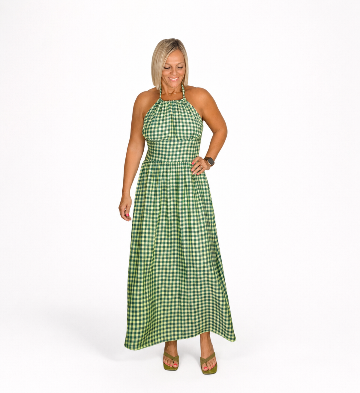 Vestido cuadro cuello verde limón