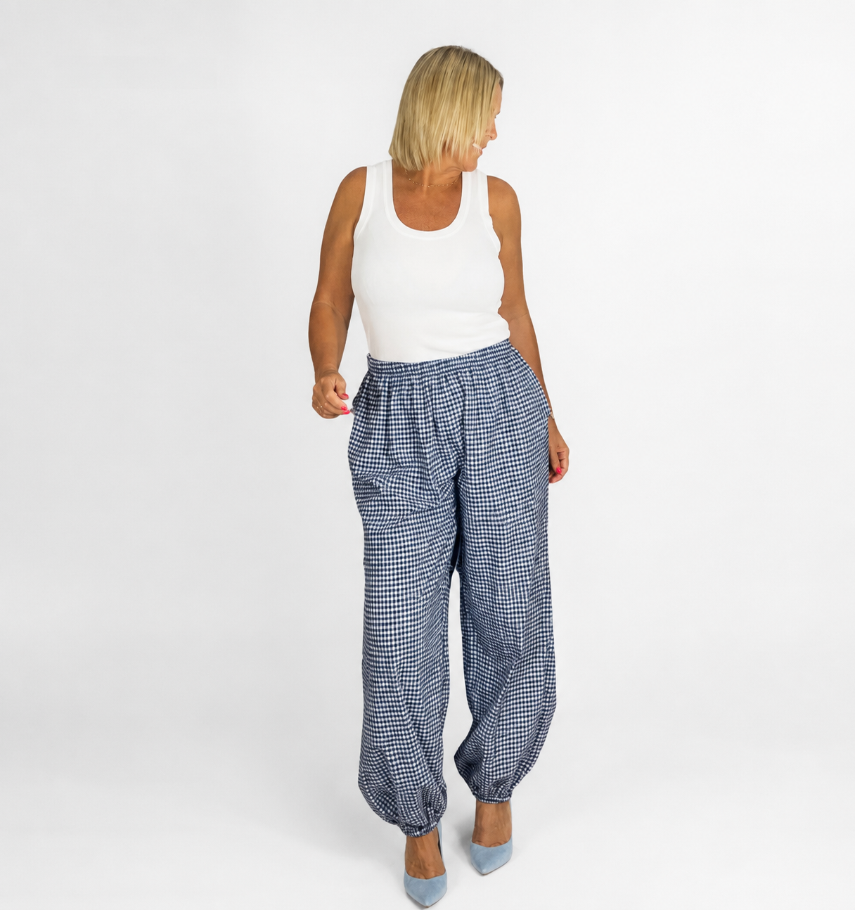 Pantalón bombacho cuadros vichy azul marino