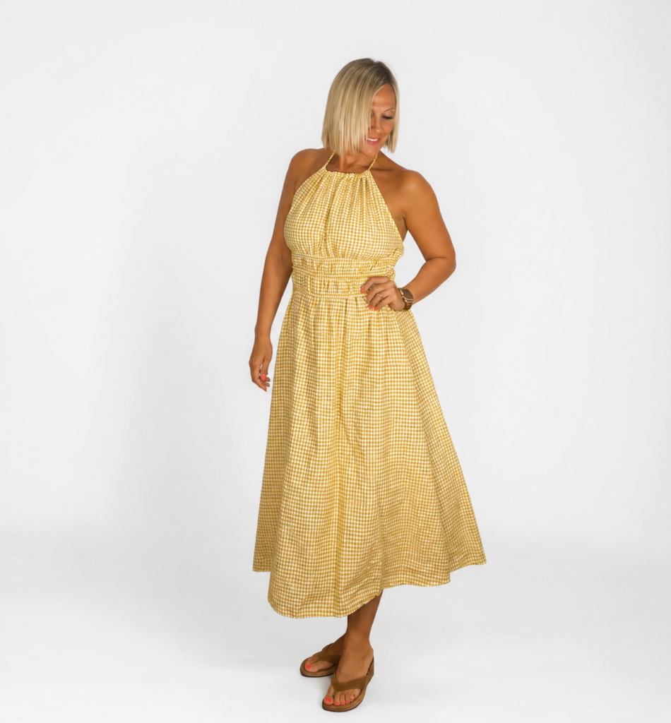 Vestido cuadro cuello mostaza