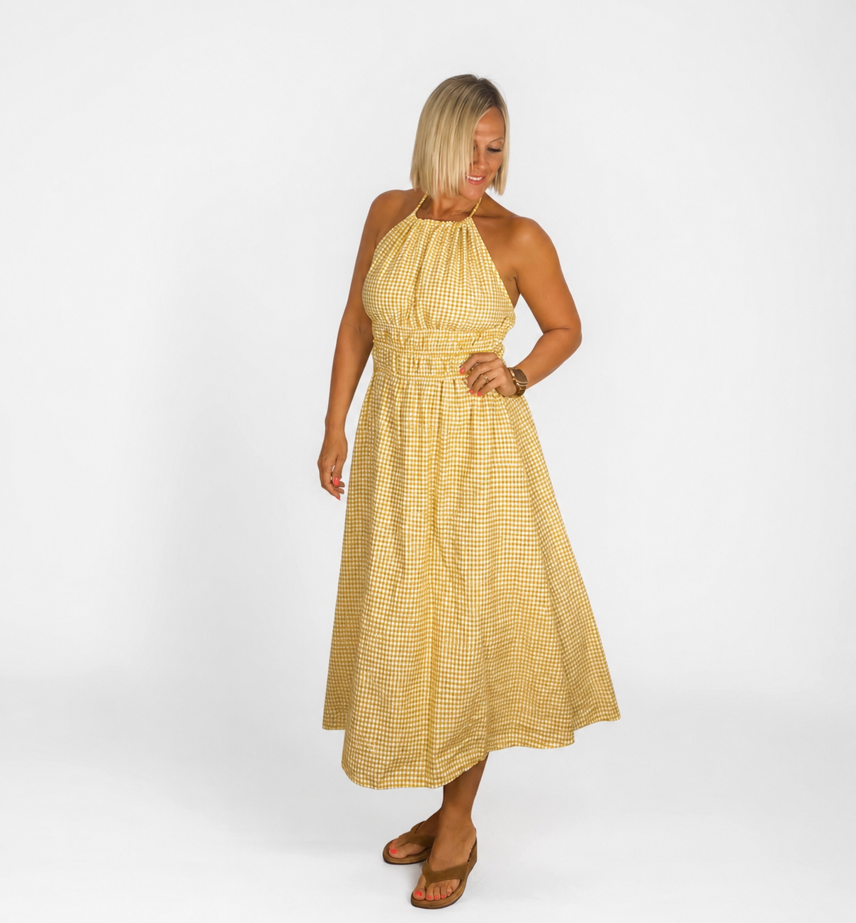 Vestido cuadro cuello mostaza