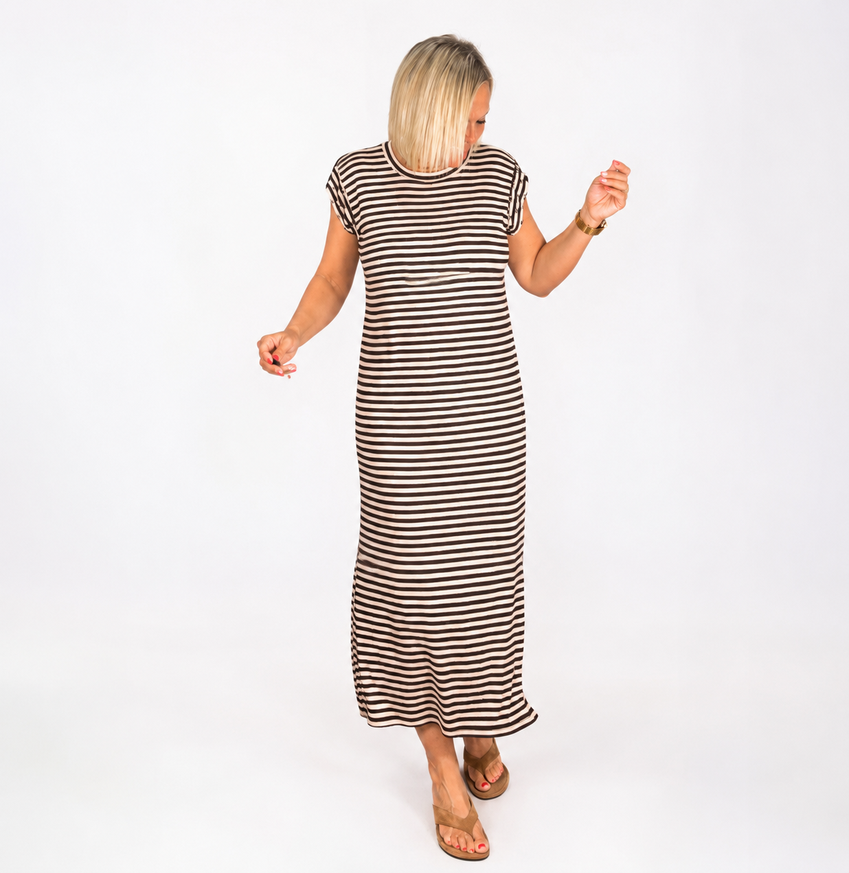Vestido algodón rayas tachuelas mangas