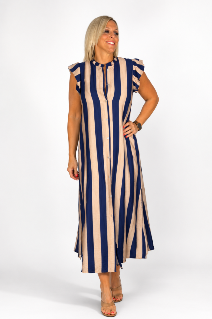 Vestido largo rayas azul marino y beige