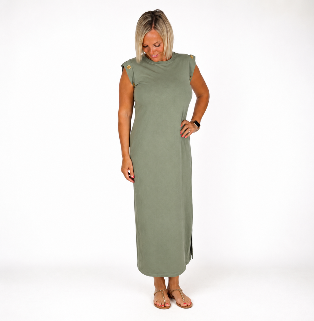 Vestido algodón verde kaki agujeros dorados