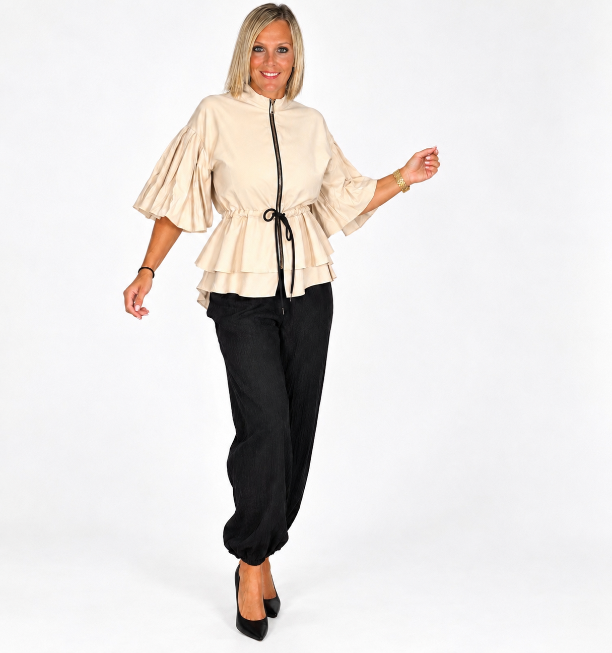 Chaqueta Mangas Amplias Cremallera Beige