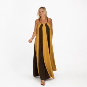 Vestido largo bicolor mostaza y chocolate