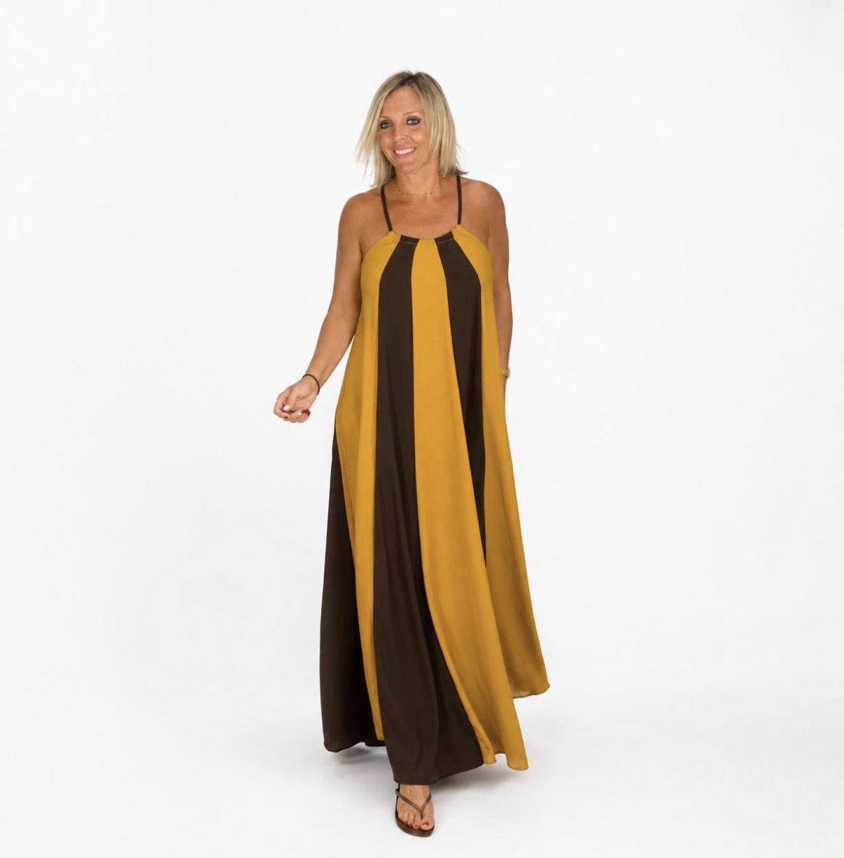 Vestido largo bicolor mostaza y chocolate
