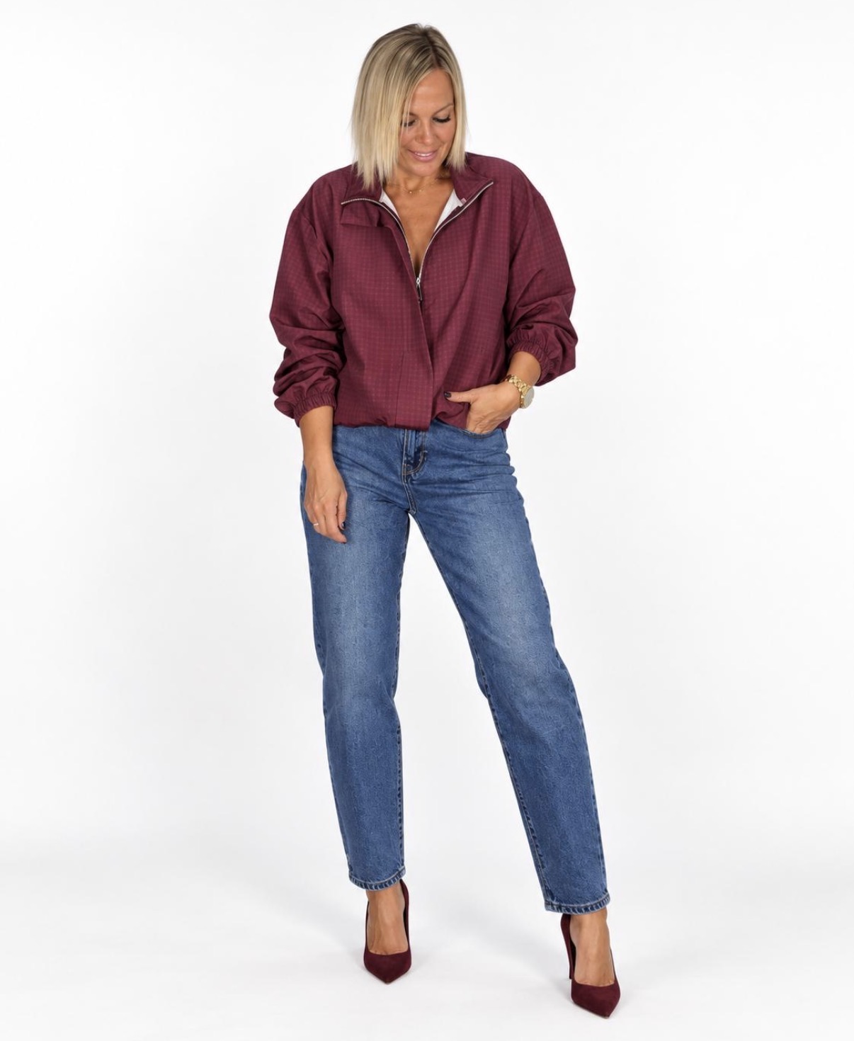 Chaqueta Bomber Cuadros Burdeos