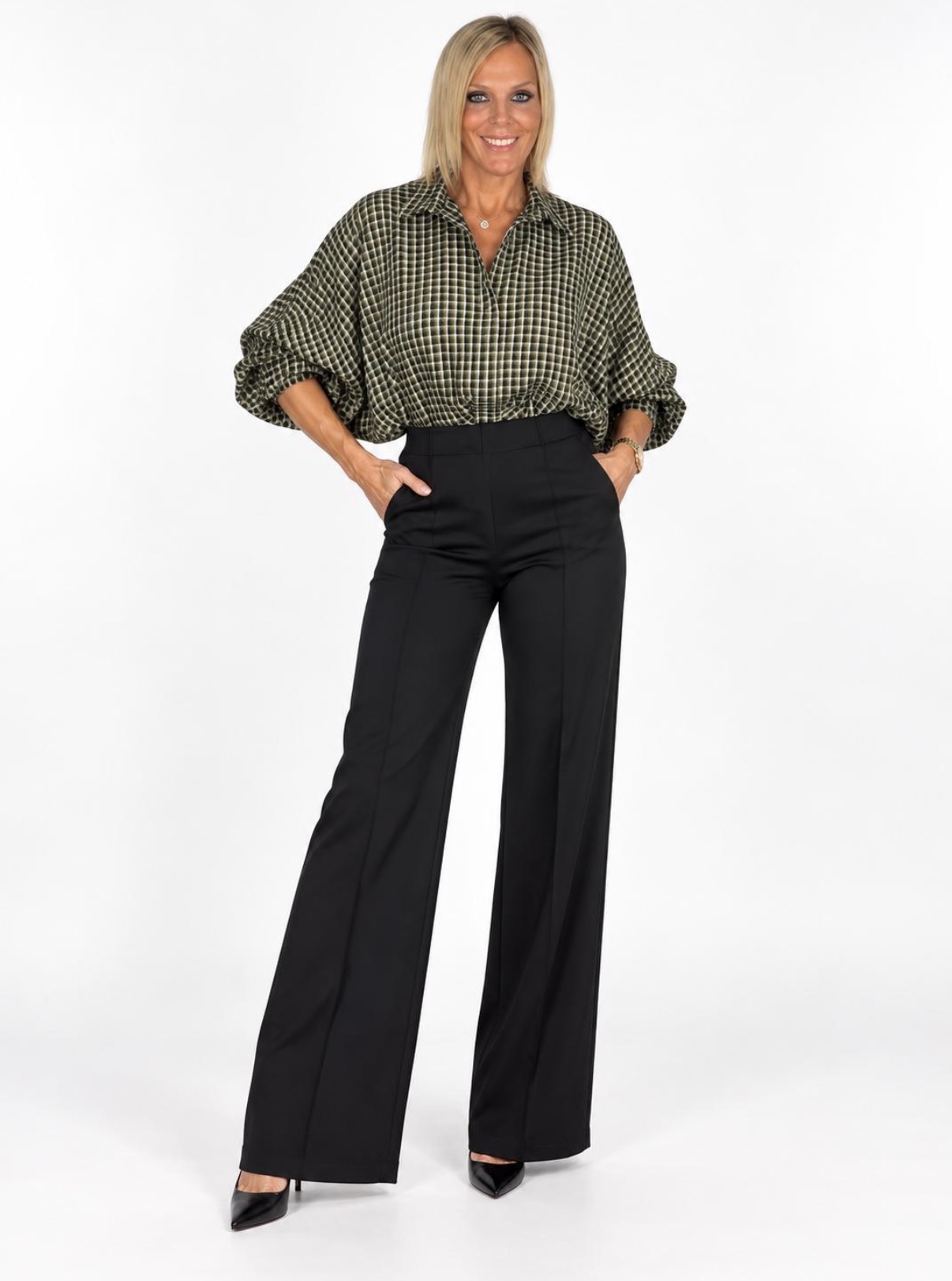 Camisa Oversize Manga Amplia Cuadros Verdes